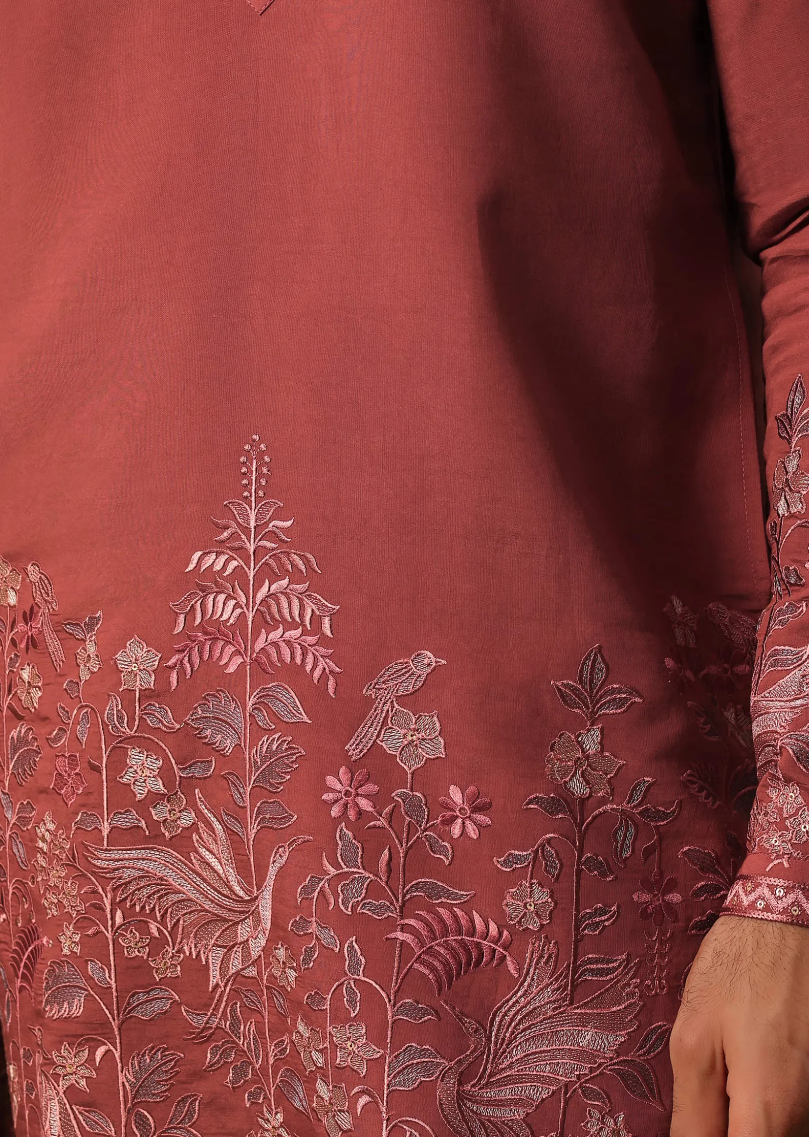 Rust Orange Kurta Set In Resham Work For Men