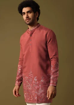 Rust Orange Kurta Set In Resham Work For Men