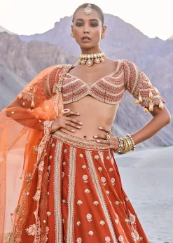 Rust Orange Lehenga With Heavy Embroidered Two Dupattas