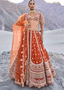 Rust Orange Lehenga With Heavy Embroidered Two Dupattas