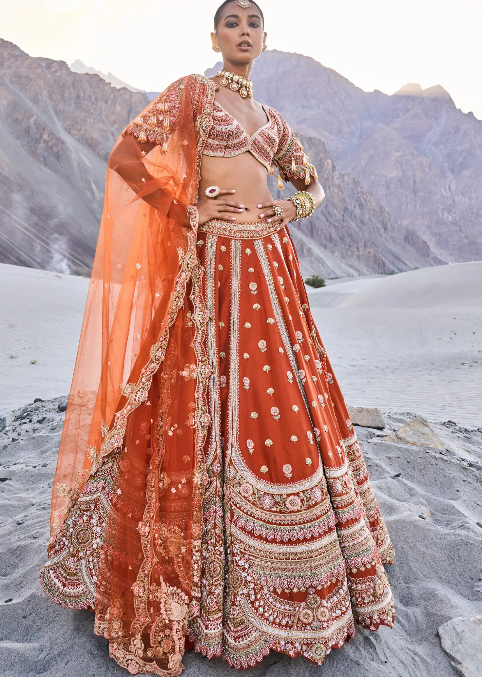 Rust Orange Lehenga With Heavy Embroidered Two Dupattas