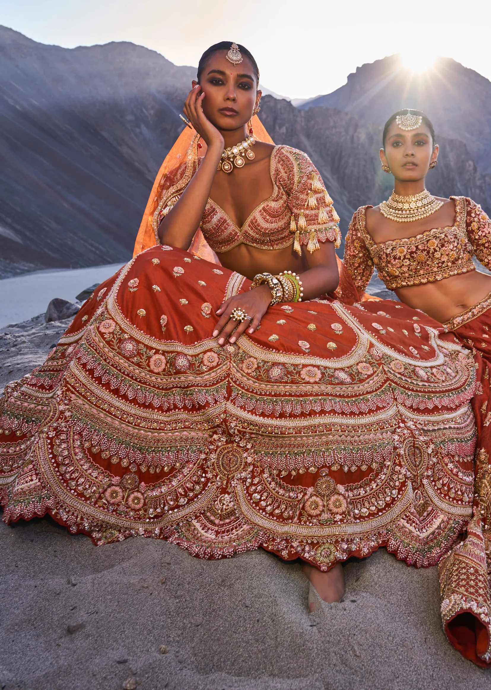 Rust Orange Lehenga With Heavy Embroidered Two Dupattas