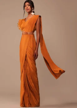 Rust Orange Pre Drape Saree With Fancy Ruffle Blouse And Embroidered Belt