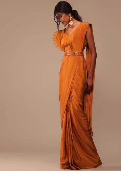 Rust Orange Pre Drape Saree With Fancy Ruffle Blouse And Embroidered Belt
