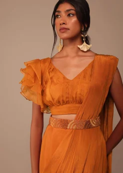 Rust Orange Pre Drape Saree With Fancy Ruffle Blouse And Embroidered Belt
