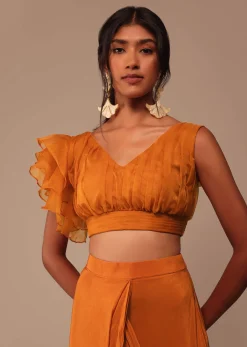 Rust Orange Pre Drape Saree With Fancy Ruffle Blouse And Embroidered Belt