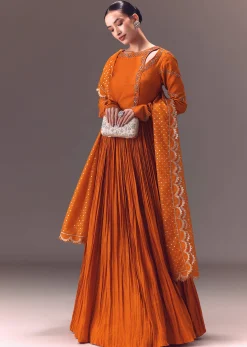 Rust Orange Ruched Embroidered Anarkali With Dupatta
