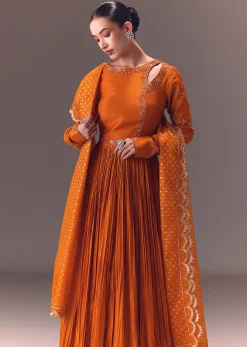Rust Orange Ruched Embroidered Anarkali With Dupatta