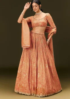 Rust Orange Tassel Embroidered Blouse With Lehenga And Dupatta