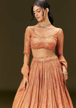 Rust Orange Tassel Embroidered Blouse With Lehenga And Dupatta