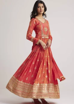 Rust Orange Tissue Anarkali Set With Gotta Work