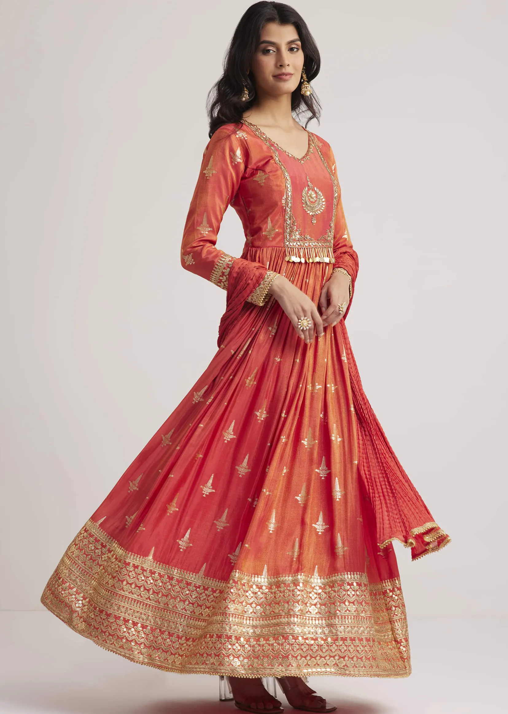 Rust Orange Tissue Anarkali Set With Gotta Work