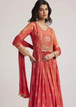 Rust Orange Tissue Anarkali Set With Gotta Work