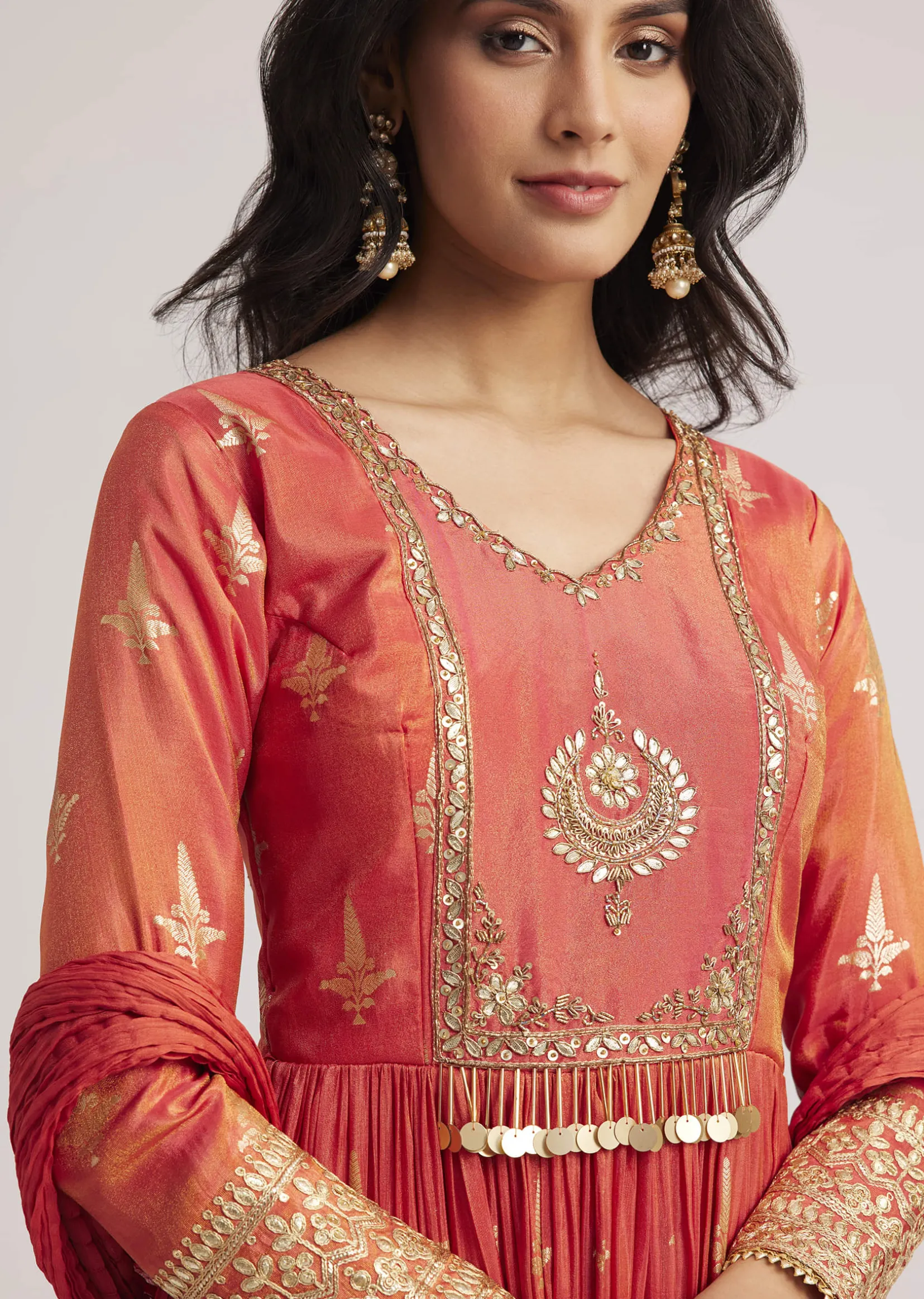Rust Orange Tissue Anarkali Set With Gotta Work