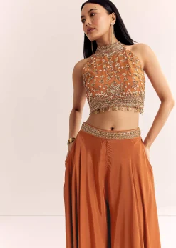Rust Orange Tissue Embroidered Croptop With Palazzo