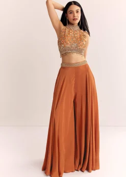 Rust Orange Tissue Embroidered Croptop With Palazzo
