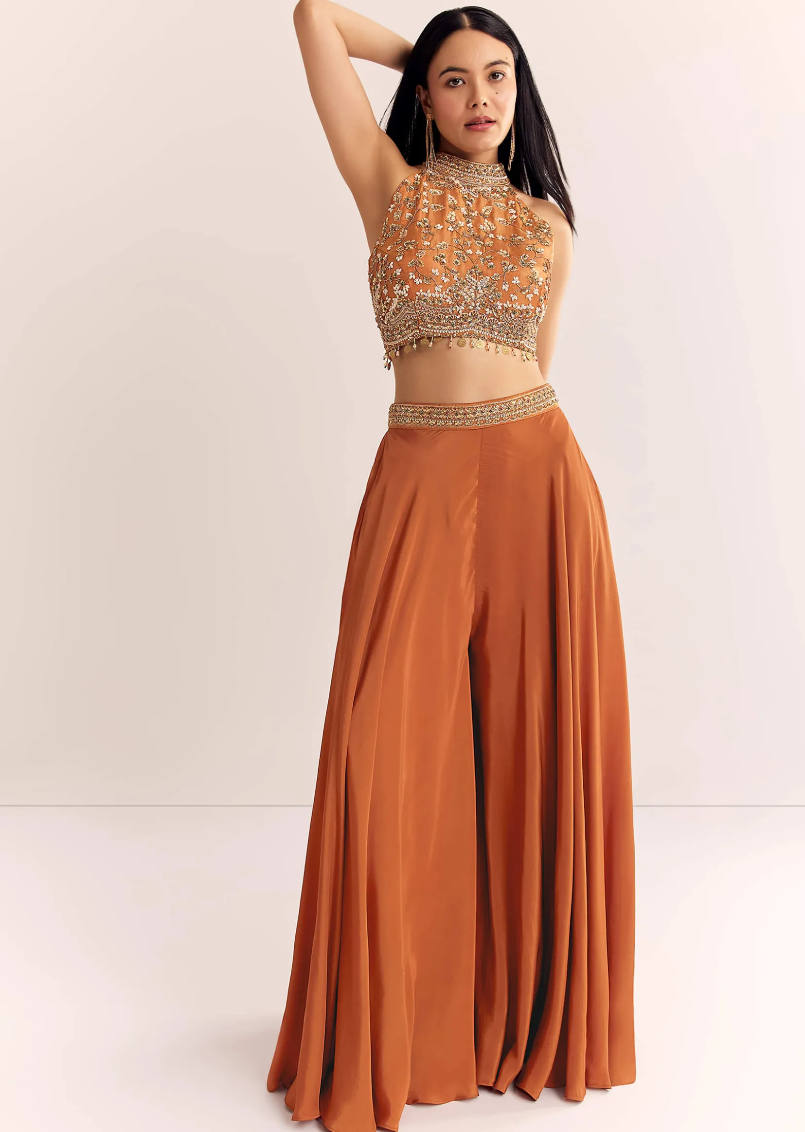 Rust Orange Tissue Embroidered Croptop With Palazzo