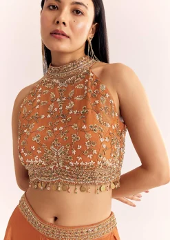 Rust Orange Tissue Embroidered Croptop With Palazzo