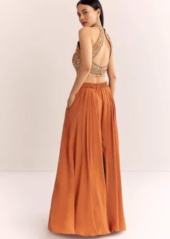 Rust Orange Tissue Embroidered Croptop With Palazzo