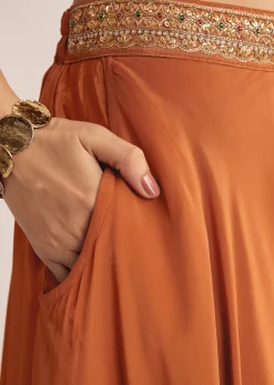 Rust Orange Tissue Embroidered Croptop With Palazzo