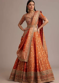 Rust Orange Tissue Lehenga Set With Resham Zari And Sequins Work
