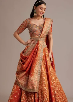 Rust Orange Tissue Lehenga Set With Resham Zari And Sequins Work