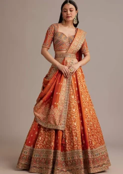 Rust Orange Tissue Lehenga Set With Resham Zari And Sequins Work