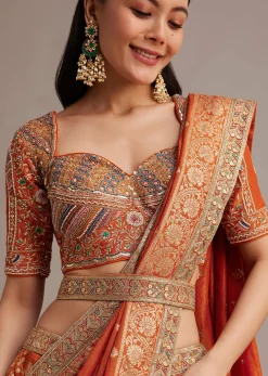 Rust Orange Tissue Lehenga Set With Resham Zari And Sequins Work