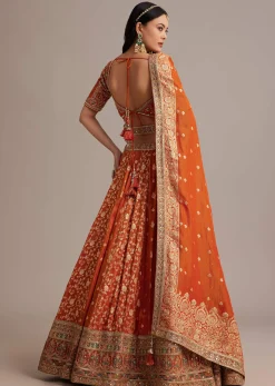 Rust Orange Tissue Lehenga Set With Resham Zari And Sequins Work