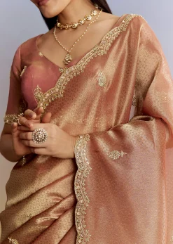 Rust Orange Tissue Saree With Zardosi Beads And Sequins Embroidery