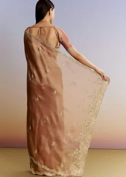 Rust Orange Tissue Saree With Zardosi Beads And Sequins Embroidery