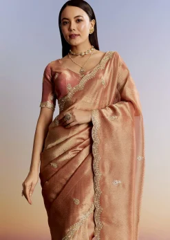 Rust Orange Tissue Saree With Zardosi Beads And Sequins Embroidery