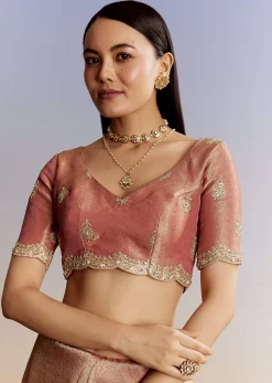 Rust Orange Tissue Saree With Zardosi Beads And Sequins Embroidery
