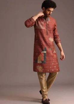 Rust Orange Tussar Silk Kurta And Pyjama In Abstract Print