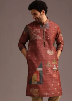 Rust Orange Tussar Silk Kurta And Pyjama In Abstract Print