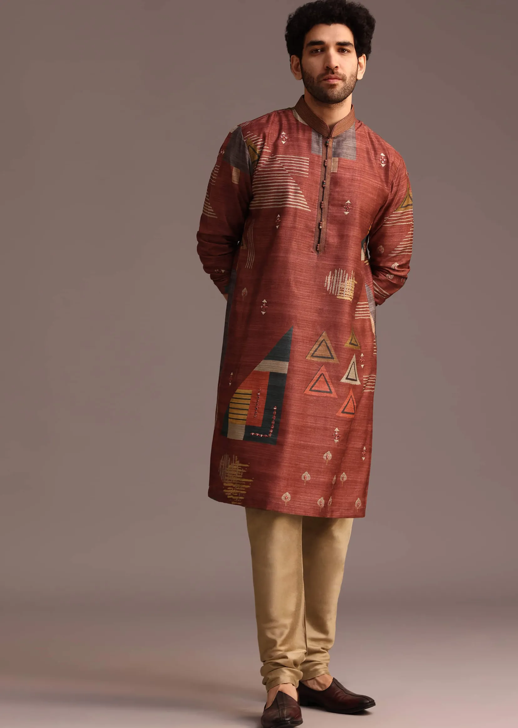 Rust Orange Tussar Silk Kurta And Pyjama In Abstract Print