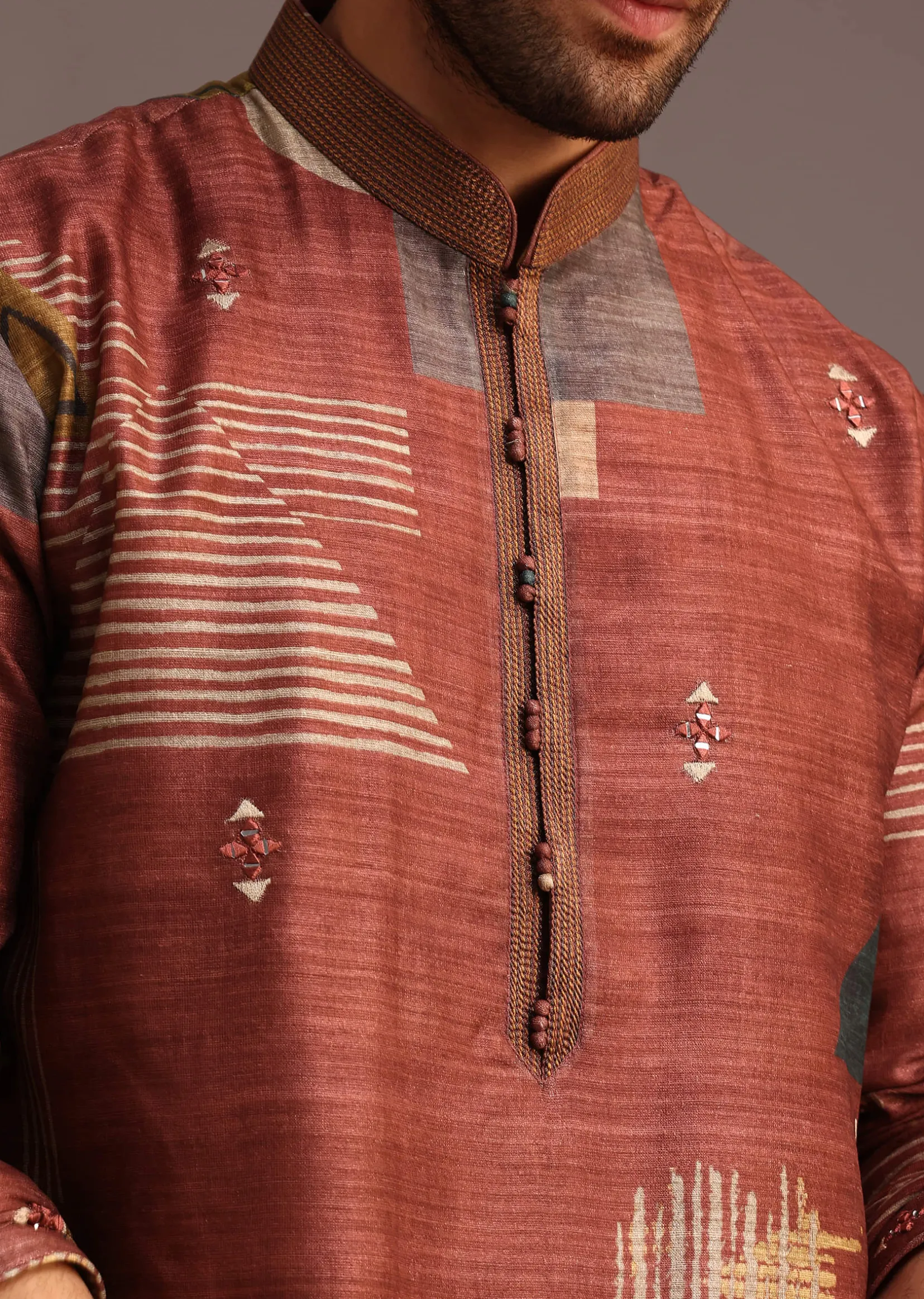 Rust Orange Tussar Silk Kurta And Pyjama In Abstract Print