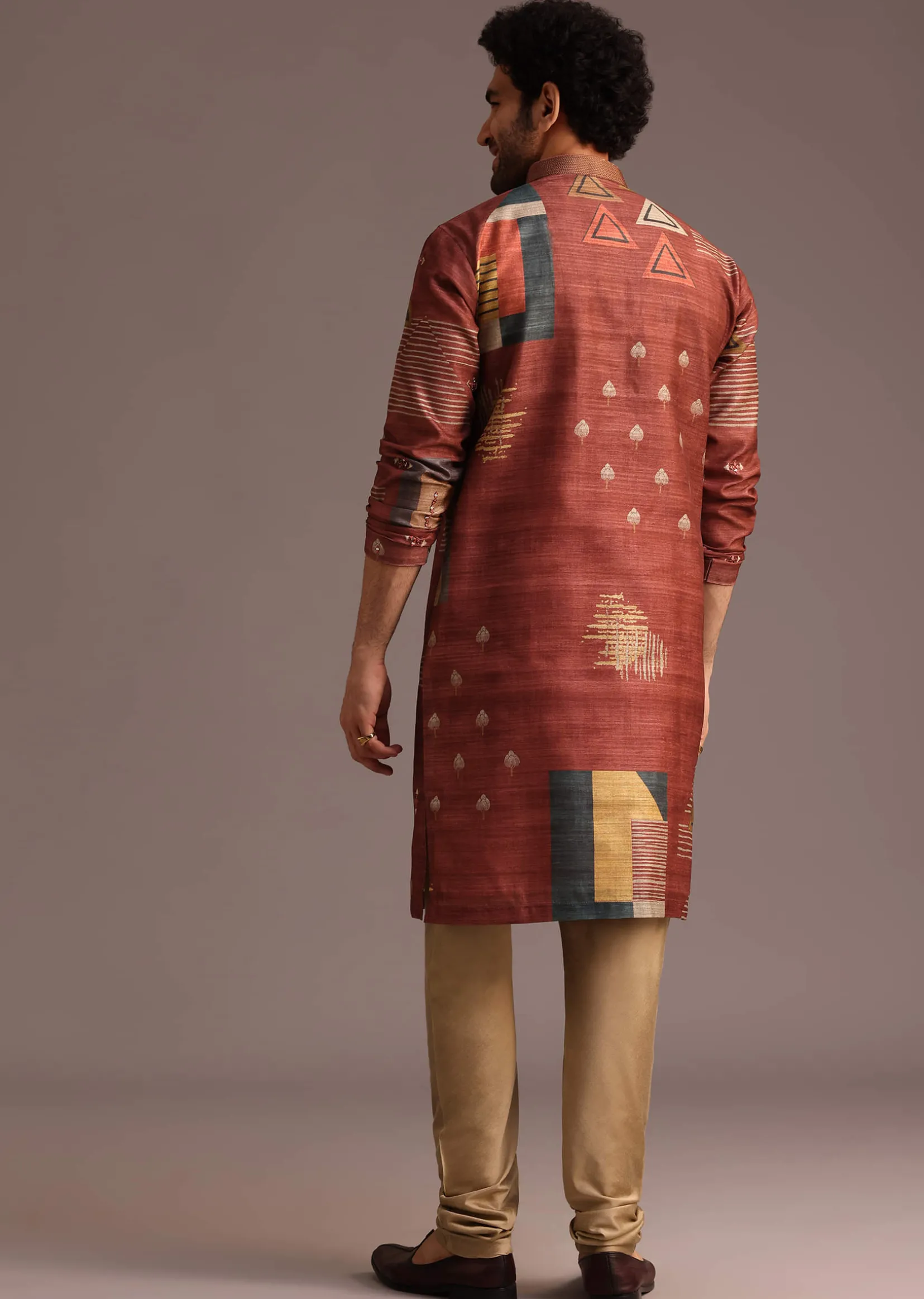 Rust Orange Tussar Silk Kurta And Pyjama In Abstract Print