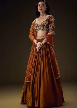 Rust Orange Velvet Lehenga With Embellished Cross Body Blouse and Dupatta