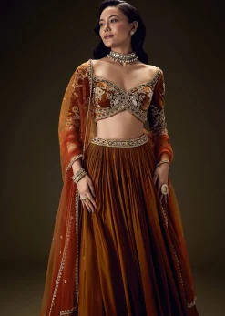 Rust Orange Velvet Lehenga With Embellished Cross Body Blouse and Dupatta