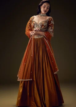 Rust Orange Velvet Lehenga With Embellished Cross Body Blouse and Dupatta