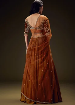 Rust Orange Velvet Lehenga With Embellished Cross Body Blouse and Dupatta