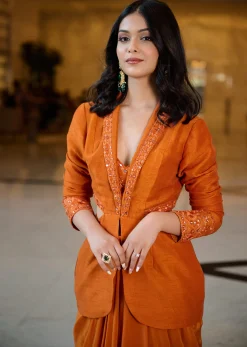 Rust Organza Jacket With Bustier And Draped Skirt
