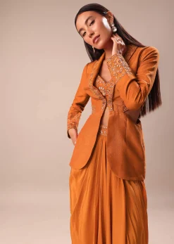 Rust Organza Jacket With Bustier And Draped Skirt