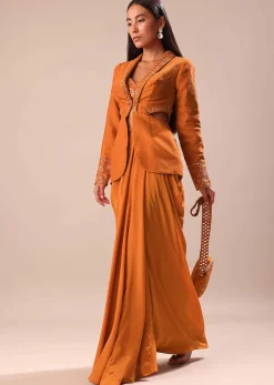 Rust Organza Jacket With Bustier And Draped Skirt