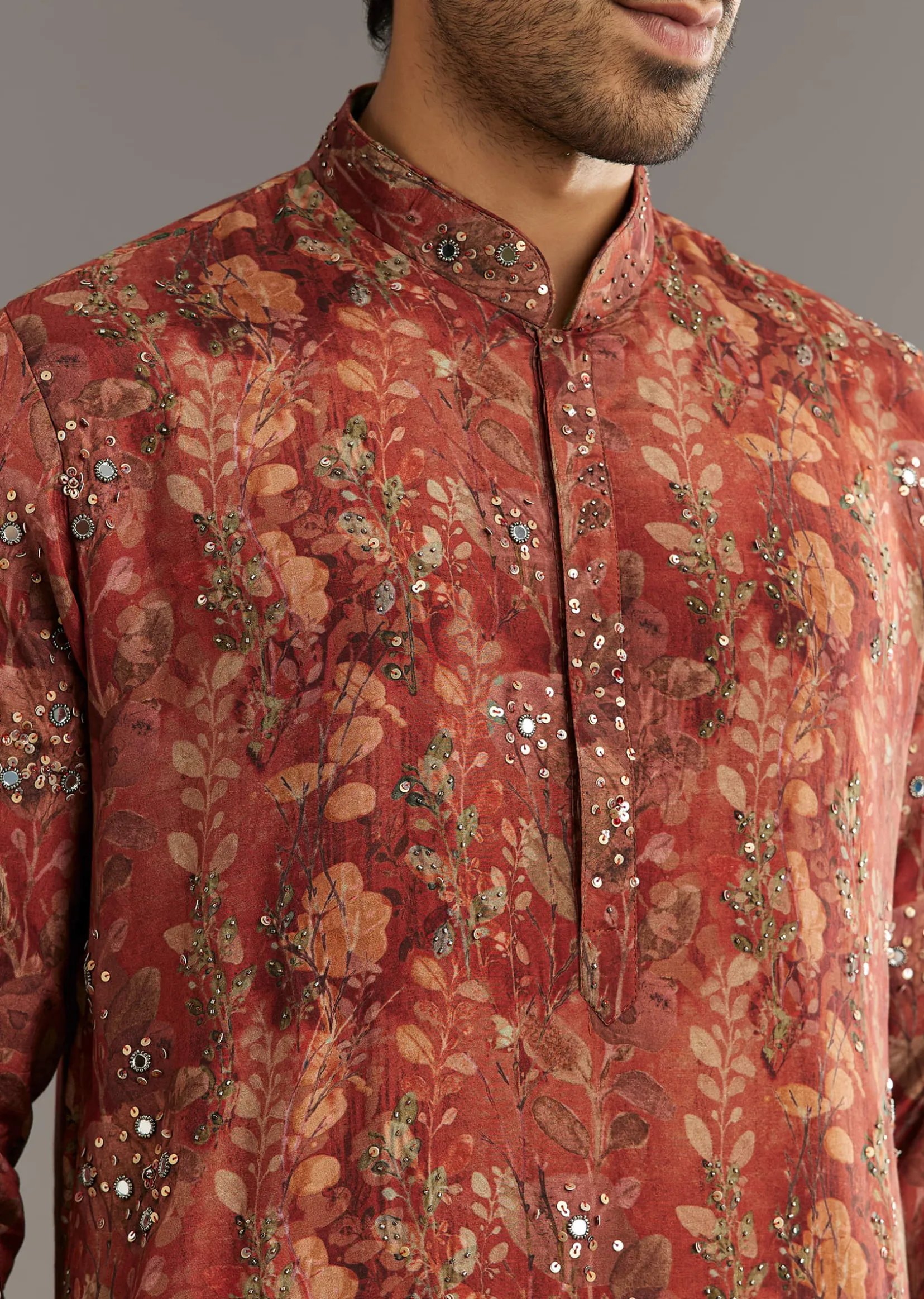 Rust Pashmina Silk Kurta Set With Stone Embellishment