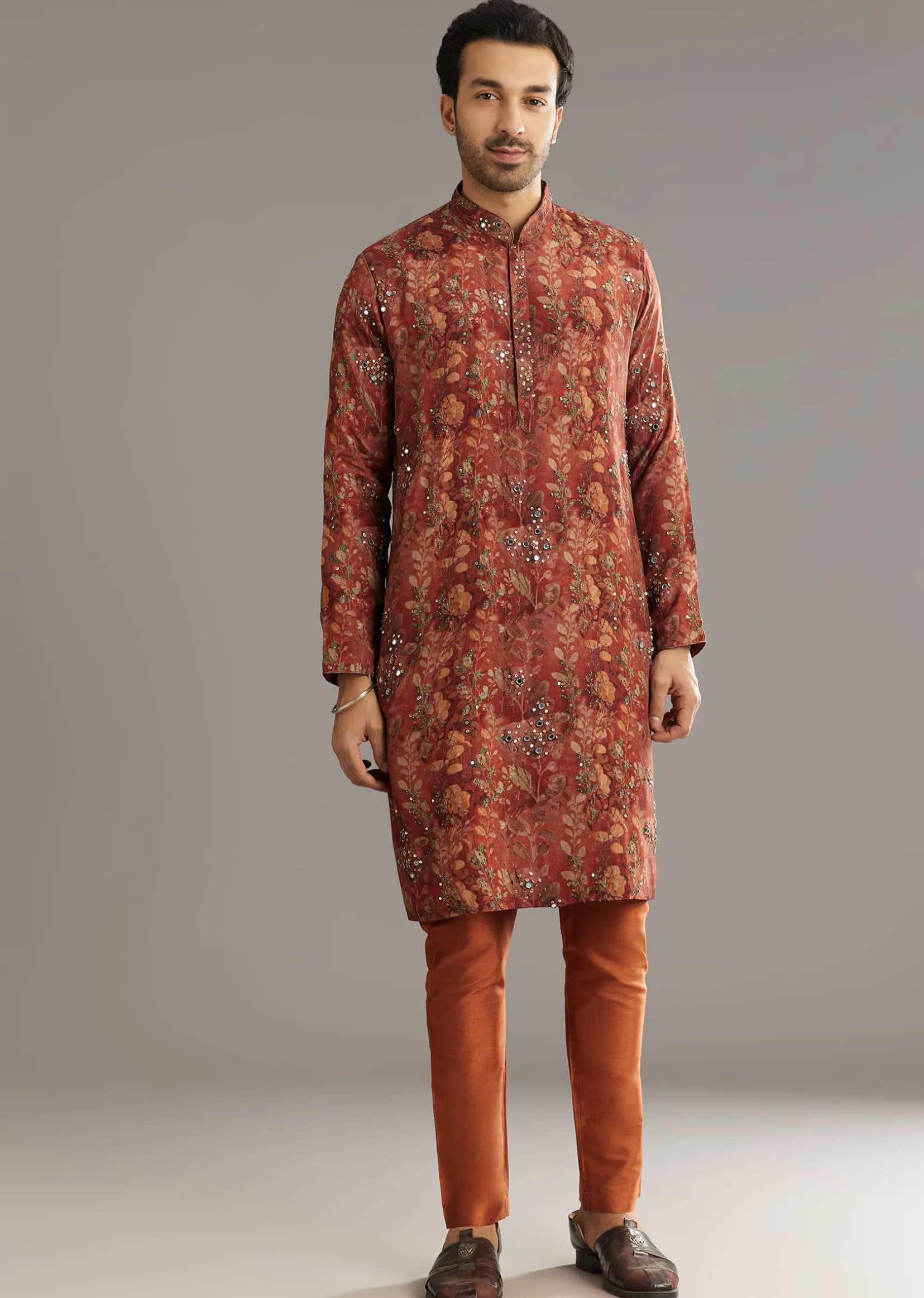 Rust Pashmina Silk Kurta Set With Stone Embellishment