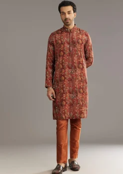 Rust Pashmina Silk Kurta Set With Stone Embellishment