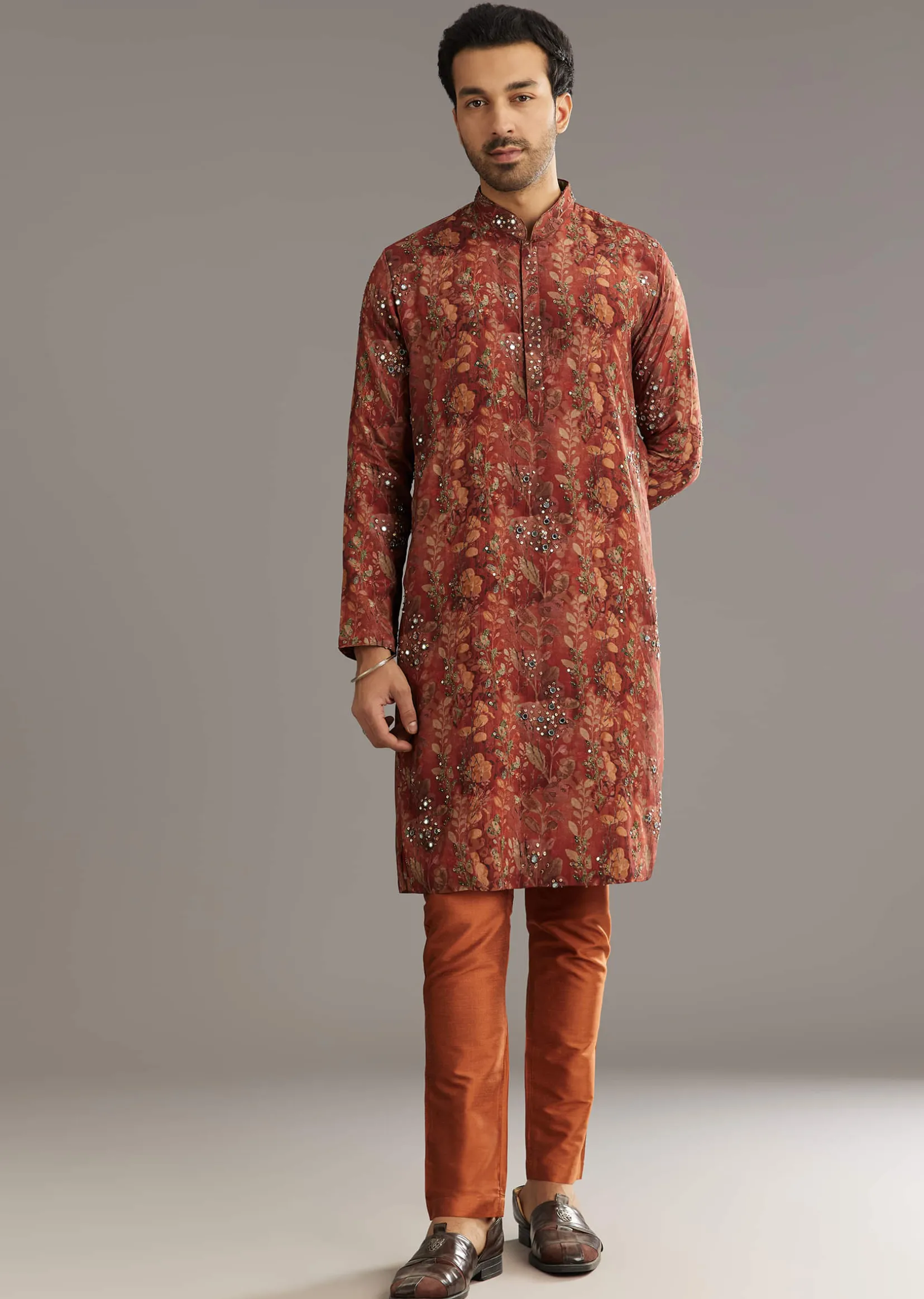 Rust Pashmina Silk Kurta Set With Stone Embellishment