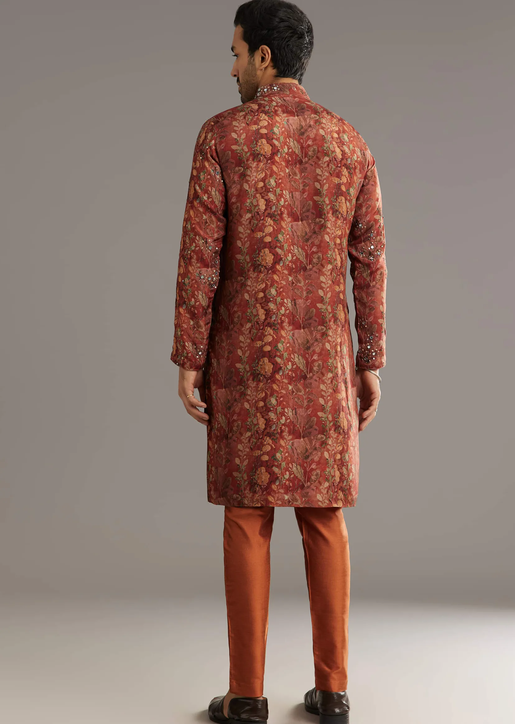 Rust Pashmina Silk Kurta Set With Stone Embellishment
